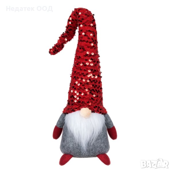Коледна фигура гном, Шапка с пайети, 46 см, Сив/ черевен, снимка 1