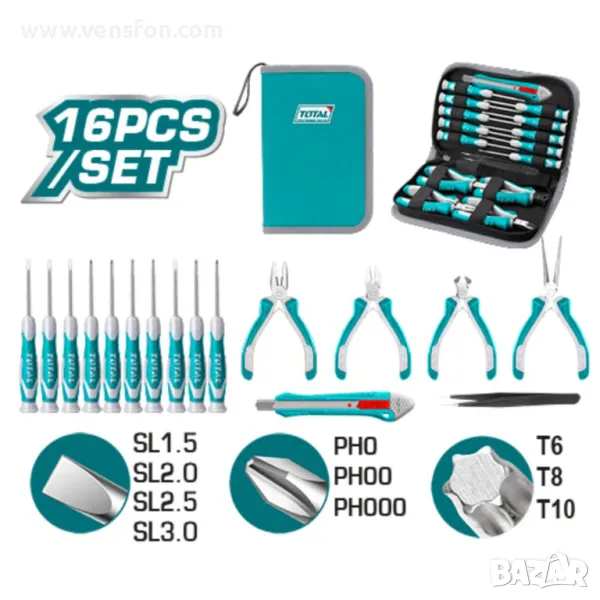 Комплект прецизни инструменти TOTAL, 16 части, снимка 1
