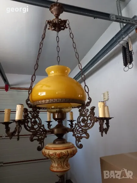 ретро полилей от месинг, порцелан и стъкло , снимка 1