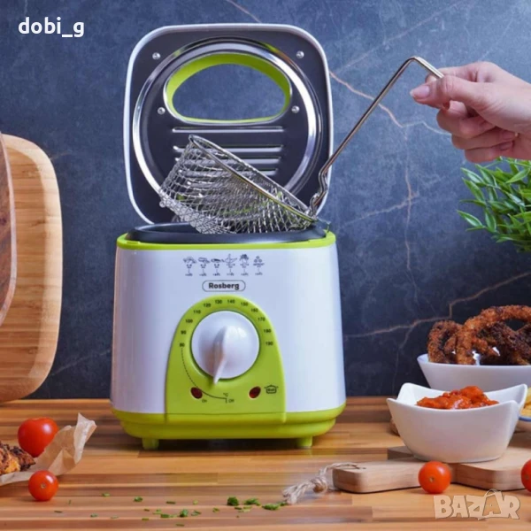 Фритюрник мини Rosberg, 1 литър, 950W, 80-190 C, Бял/зелен - 24 МЕСЕЦА ГАРАНЦИЯ, снимка 1