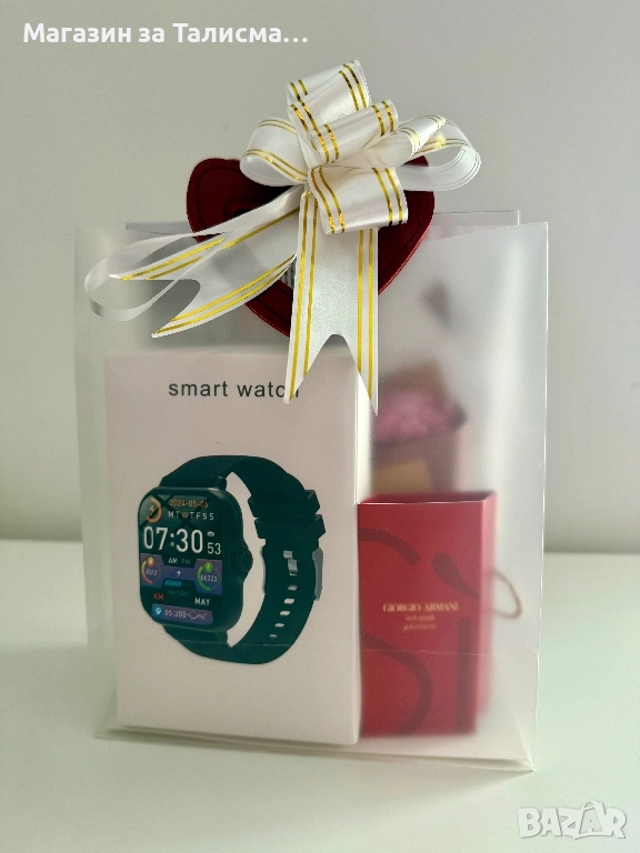 Подаръчен сет в чанта със смарт часовник и посребрена гривна, снимка 1