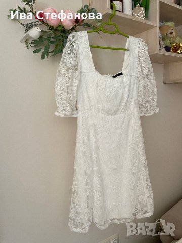 Нова кокетна кукленска елегантна буфан ръкав бяла дантела бяла дантелена  рокля , снимка 6 - Рокли - 41943627
