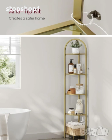 VASAGLE 5-степенна ъглова поставка за рафтове, ъглова етажерка за книги, органайзер за баня, поставк, снимка 5 - Етажерки - 53770386