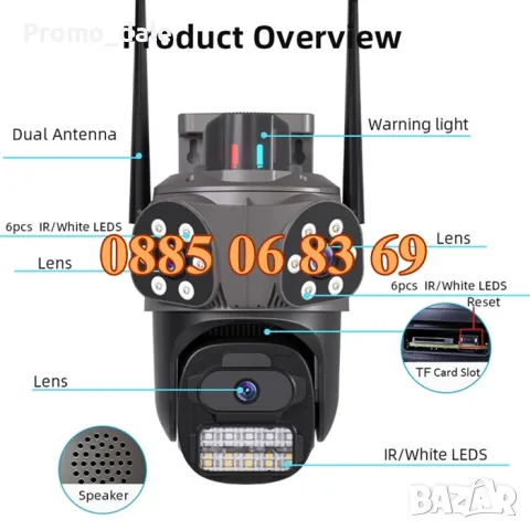 Безжична WiFi IP камера с 3 обектива 10MPx, нощно виждане, 360°, iCSee, микрофон, снимка 3 - IP камери - 49512061