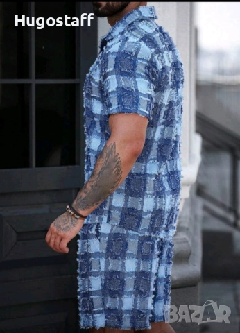 Нов мъжки летен екип комплект син ХЛ, снимка 3 - Спортни дрехи, екипи - 51772543