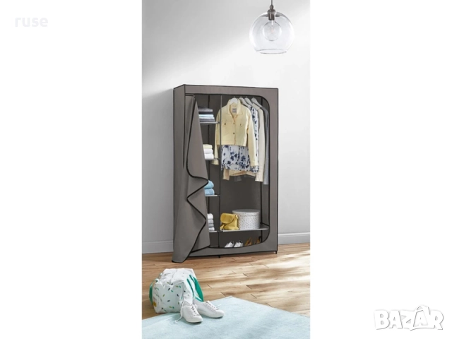 НОВ! Текстилен гардероб с лост и рафтове 174х100х46см сив, снимка 4 - Гардероби - 52519116