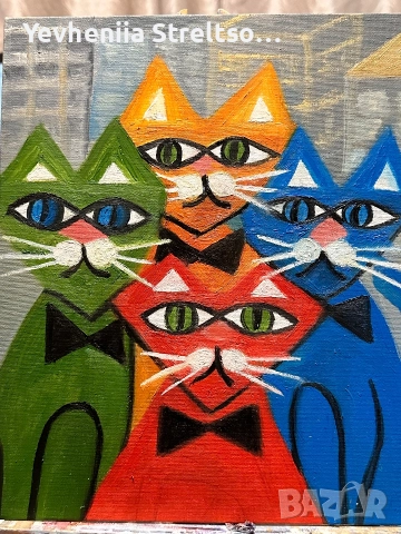 Картина маслом КВАРТЕТ МАРТОВСКИХ КОТОВ, снимка 2 - Картини - 52855560