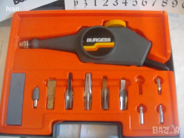 НОВ ПЪЛЕН КОМПЛЕКТ АНГЛИЙСКА ЕЛЕКТРИЧЕСКА ГРАВЬОРКА ГРАВЬОР ГРАВИРАНЕ РАЗЛИЧНИ ПОВЪРХНОСТИ BURGESS, снимка 6 - Инструменти за гравиране - 47942758