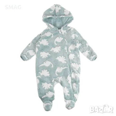 Бебешки полар ромпър Ментово Бяло с качулка с дизайн на динозавър S_1245177