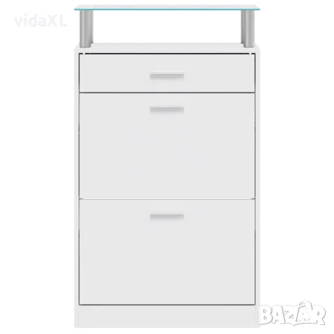 vidaXL Шкаф за обувки с чекмедже и горен стъклен плот, дърво, бял, снимка 4 - Шкафове - 56146355