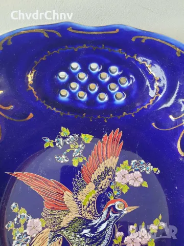 Beanopli 25см/стара италианска декоративна ажурна порцеланова чиния-картина/птица-кобалт-злато, снимка 5 - Картини - 49827770