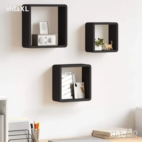 vidaXL Стенни кубични рафтове, 3 бр, черни, МДФ, снимка 2 - Етажерки - 56146815