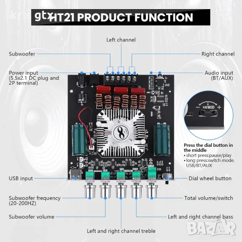 ZK-HT21 Bluetooth 2.1 канален аудио усилвател 160W×2+220W, снимка 2 - Ресийвъри, усилватели, смесителни пултове - 54754789