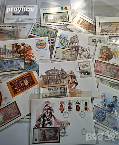 Колекция банкноти UNC 27 бр. + 16 бр. Пощенски мяарки -ПЕРФЕКТНИ