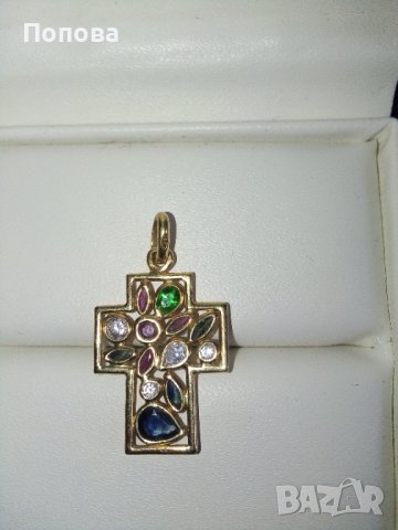  18 к. дизайнерски златен кръст със скъпоценни камъни /изумруд,сапфир,рубин..., снимка 2 - Колиета, медальони, синджири - 39301738