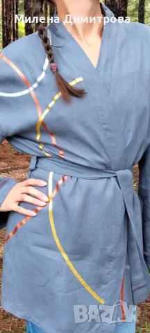 Ръчно рисувано ленено кимоно , снимка 6 - Сака - 48879765