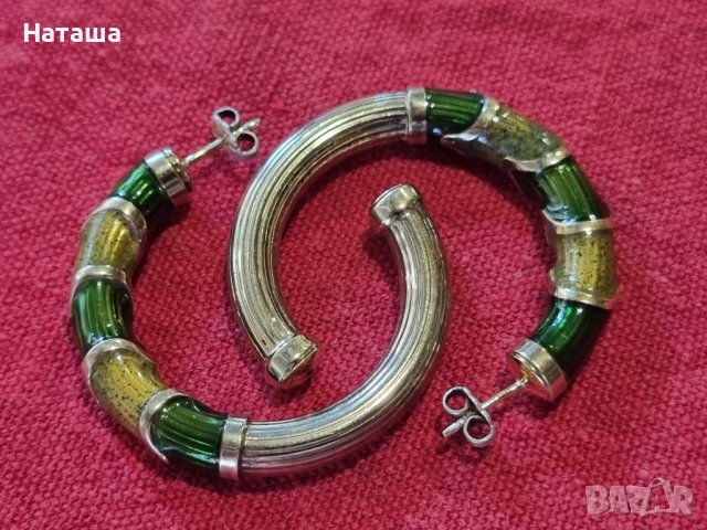 Италиански масивни сребърни позлатени обеци с цветен емайл, снимка 5 - Обеци - 41857543