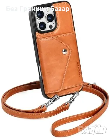 Нов Калъф портфейл кожа с презрамка за iPhone 16 Pro Max 6.9 Айфон кейс