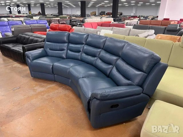 Син кожен извит диван четворка с ръчен релаксиращ механизъм, снимка 8 - Дивани и мека мебел - 39973097