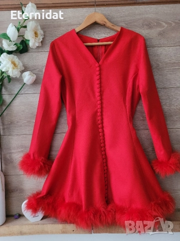 Червена рокля с естествени пера, снимка 5 - Рокли - 52062107