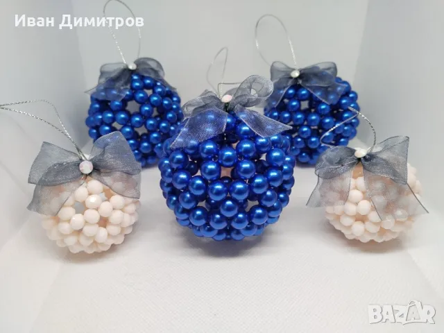 Луксозен ръчно изработен сет Коледни топки за елха от перли и кристали, снимка 5 - Декорация за дома - 47897597