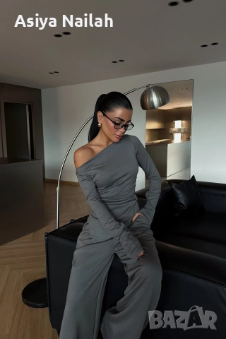 Дамски сив сет от две части – блуза с асиметричен дизайн и панталон, снимка 4 - Комплекти - 52795113