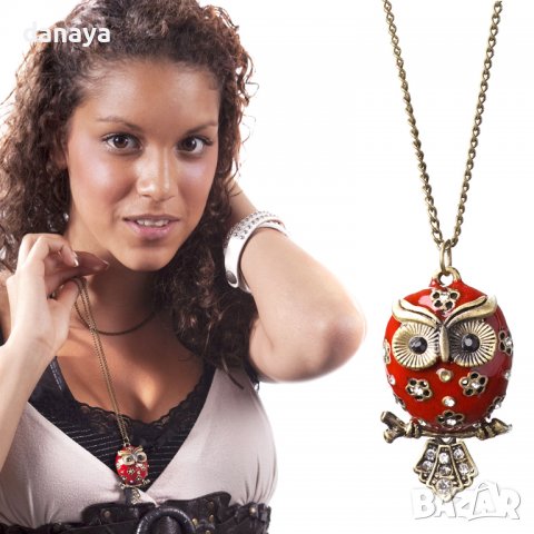 3290 Дамско винтидж колие червено бухалче с камъни