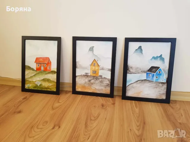 Нова картина с рамка ръчно рисувана акварел червена планинска къща