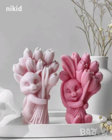 3D Заек с букет лалета лале цветя силиконов молд форма фондан свещ смола шоколад гипс Великден, снимка 2 - Форми - 49640326