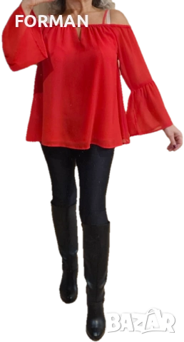 Червена риза с отворени рамене, снимка 2 - Ризи - 47958448
