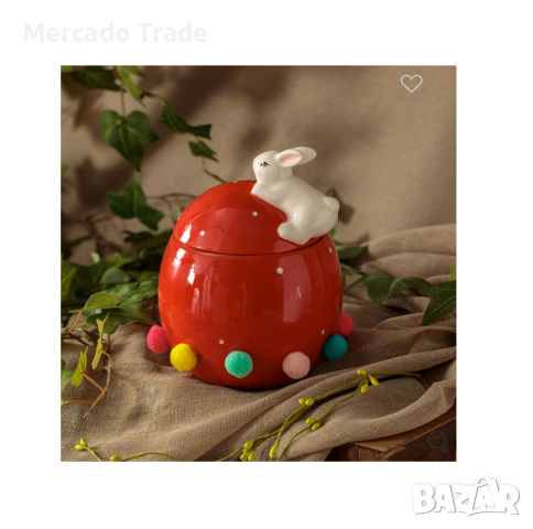 Великденски буркан за бисквитки Mercado Trade, Яйце, Червено зайче с цветни помпони, Керамика