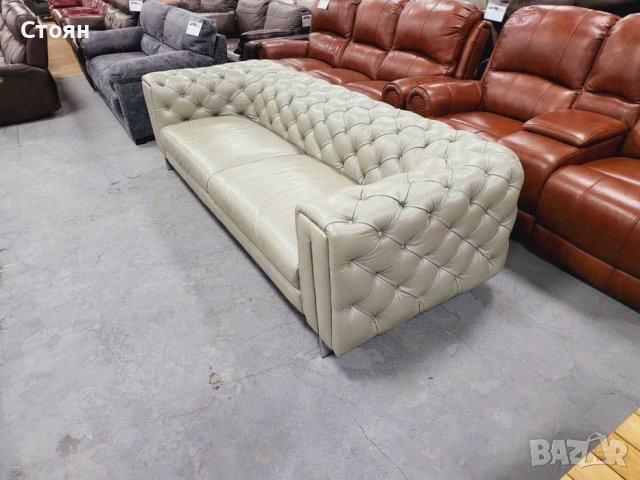 Голям сив кожен диван Честърфийлд - естествена кожа, снимка 5 - Дивани и мека мебел - 39718256