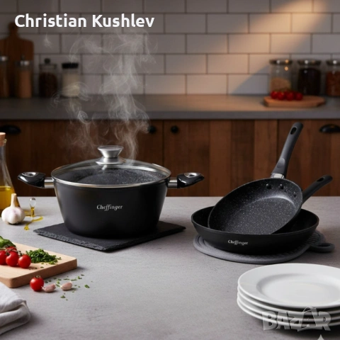 Комплект съдове за готвене 6 части Cheffinger – тенджера 24 см, тигани 24 и 28 см, за индукция
