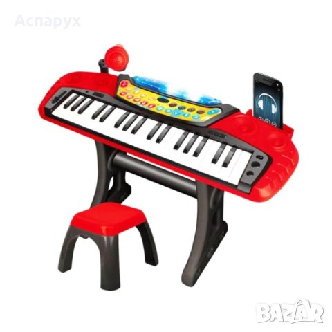 Детска йоника с 37 клавиша, Светлина, Звукови ефекти, Демо песни, Микрофон, Столче, 3+, снимка 1