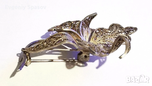 Старинна Сребърна Брошка Красива Дива Орхидея Филигран, снимка 5 - Други - 52437969