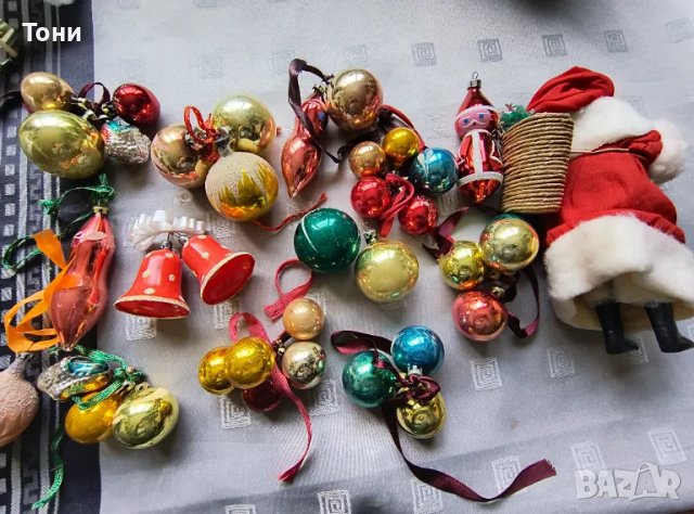 Винтидж стъклени коледни играчки + дядо Мраз 