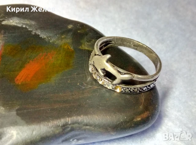 СТАР АЖУРЕН СРЕБЪРЕН ПРЪСТЕН с ДЕЛФИН СРЕБРО ВИСОКА ПРОБА с ЦИРКОНЧЕТА 50189, снимка 2 - Антикварни и старинни предмети - 50510672