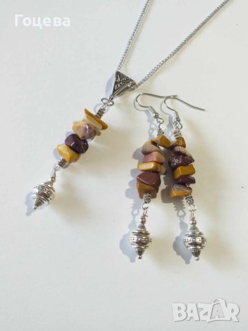 Бохо комплект обици и колие с камъни Мокаит и орнаменти цвят сребро , снимка 5 - Бижутерийни комплекти - 41967682