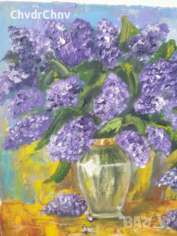 Деница Гарелова 40x30см/малка българска картина масло върху платно/натюрморт-цветя/ваза-люляк, снимка 2 - Картини - 51160205