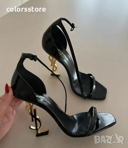 Сандали на ток - черен лак със златист ток - S-Y1L

