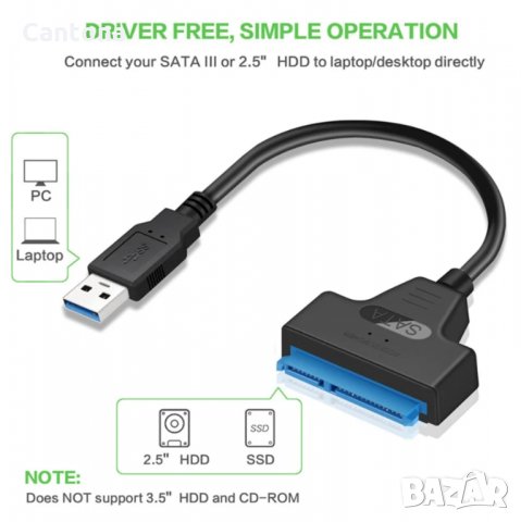 USB 3.0 към SATA адаптер, за 2.5" твърди дискове SATA III/SSD/HDD, снимка 2 - Кабели и адаптери - 35828116