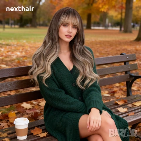 Дълга омбре перука с бретон - кафяво към пепеляво русо, меки вълни