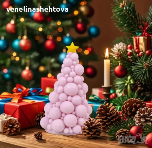 3D Голяма елха с топки Силиконов молд форма за свещи гипс сапун КОД 4361 
