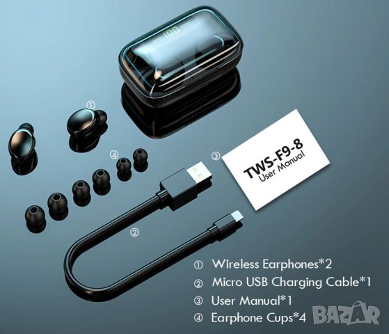 Безжични Блутут Слушалки TWS F9 5C tws Пауър Банк външна батерия безкабелни слушалки с дисплей и тъч, снимка 2 - Слушалки, hands-free - 42279388