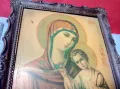 СТАРА ПРАВОСЛАВНА ИКОНА ПРЕСВЕТА БОГОРОДИЦА с МЛАДЕНЕЦА с КРАСИВА БАКЕЛИТЕНА РАМКА 47632, снимка 3