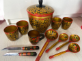 Лот руски дървени прибори (посуда) -  чаши, лъжици, ножове, черпак и купа, хохлома