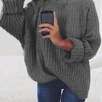 Дамски голям пуловер с навити дълги ръкави и обло деколте, 7цвята , снимка 3 - Блузи с дълъг ръкав и пуловери - 42469277