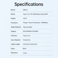 Orico кабел Cable USB C-to-C PD 100W Charging 0.5m Black - C2CZ-BK-05, 24 месеца ганация, снимка 16 - Кабели и адаптери - 41291938