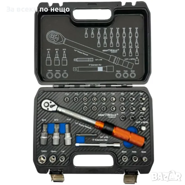 Професионален динамометричeн ключ в комплект с аксесоари 32 части 1/4” 5 - 25Nm KrafTWelle, снимка 1