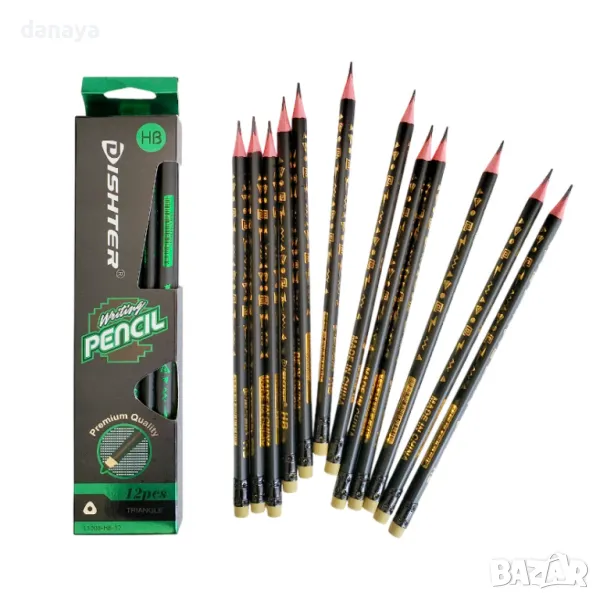 5874 Комплект графитни моливи HB Dishter Pencil, с гумичка, 12 броя, снимка 1